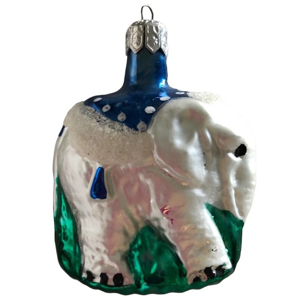 POLAND Blown Glass Christmas Ornament ELEPHANT Blue and Green White Flocked - Picture 4 of 8